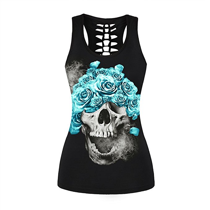 Ensasa Women's Fashion Skull Flower Death Camisole Halter Top Sleeveless T-shirt (S-XXL)