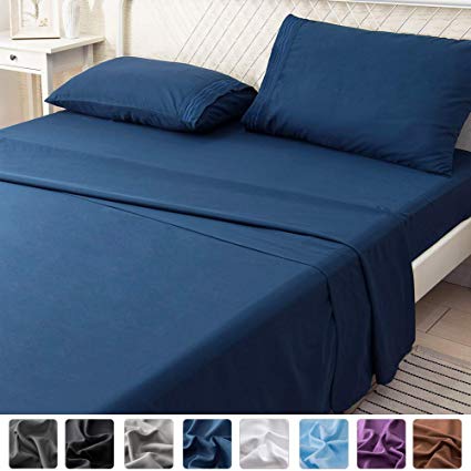 LIANLAM Queen Bed Sheets Set - Super Soft Brushed Microfiber 1800 Thread Count - Breathable Luxury Egyptian Sheets 16-Inch Deep Pocket - Wrinkle and Hypoallergenic-4 Piece(Queen, Navy Blue)