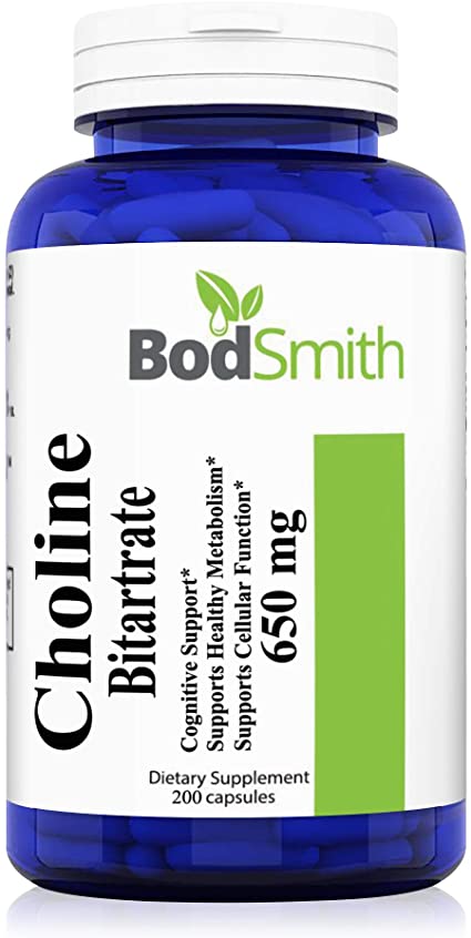 Choline Bitartrate 650 mg 200 Capsules (Non-GMO & Gluten Free) Enhance Cognitive Function & Mental Focus, Prenatal Infant Brain Development