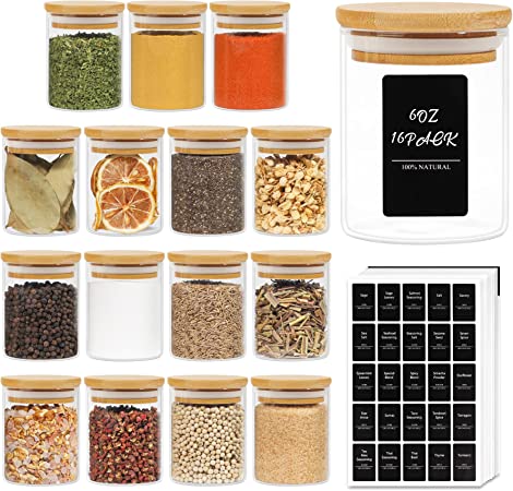 ComSaf 16Pcs Glass Spice Jars with Bamboo Lid, 6oz Airtight Round Spice Containers with 275 Black Lables, Empty Seasoning Jars for Spice Salt Sugar