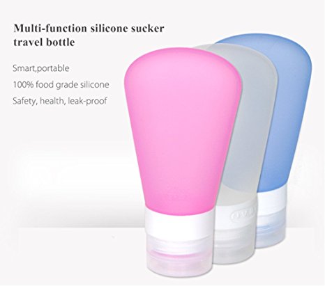 3 Pack-FNSHIP Portable Food Grade Squeeze Silicone Liquid Travel Bottle TSA Approved For Shampoo, Conditioner, Lotion, Toiletries, condiments(2 OZ Pink   White   Blue)