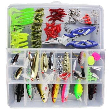 KMBEST 101pcs Fishing Lure Set Including Spoon Lures, Soft.Hard Plastic Lures, Pliers and More
