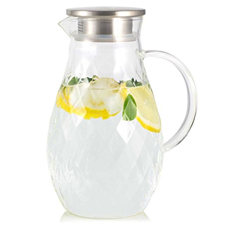 Borosilicate Glass Pitcher with lid and spout -70 Oz Cold and Hot Water Carafe with Unique Diamond Pattern, Beverage Pitcher for Homemade Iced Tea & Juice.