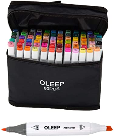OLEEP 80 Colours Dual Tips Art Sketch Twin Marker Pens Highlighters with Carrying Case for Painting Colouring Highlighting and Underlining
