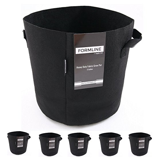 Premium 5 Gallon Grow Bags [Pack of 5] by Formline Supply. Fabric Flower Pots are the Smart Way to Garden. Add these Heavy Duty Planters to your Grow Tent Kit or Hydroponic System to Increase Yields.