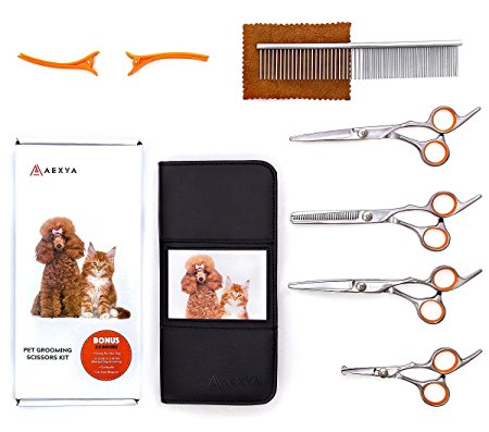 AEXYA Premium dog grooming scissors kit - Unique features - Stainless steel grooming set - Straight, thinning and curved sharp tools for small or large dogs and cats – Gift for dog or cat owners
