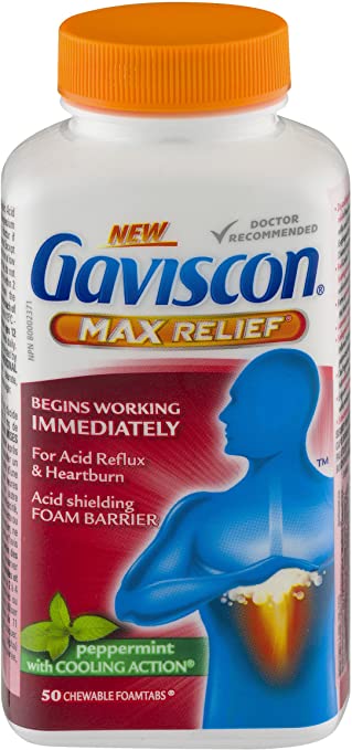 Gaviscon Max Relief Chewable Foamtabs Peppermint, Long-lasting Acid Reflux and Heartburn Relief, 50 Ct