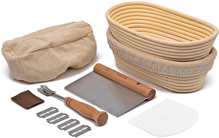 Proofing Set, by Kook, Sourdough Bread, 2 Rattan Banneton Baskets, 2 Basket Covers, Metal Scraper, Plastic Scraper, Scoring Lame, 5 Blades and Case, Oval Shape