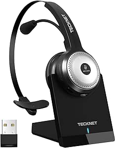 TECKNET Bluetooth 5.2 Headset with Microphone for PC, USB Wireless Headset with Mic for Work, 40Hrs Worktime AI Noise Cancelling On Ear Bluetooth Headphones with Charging Base for Laptop/Call Center