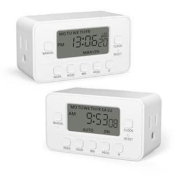 BN-LINK 7-Day Heavy Duty Digital Timer with Dual Outlet, LCD Display, 3-Prong Programmable Design, for Lights, Fans, Coffee Machine, Home, Office, Indoor Use, 125V 15A 1875W, 2 Pack