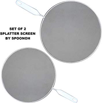 Splatter Screen Guard Set of 2 10-Inch/12-Inch By Spoonoh - Set of 2 Stainless Steel Splatter Screens for Frying Pans & Cooking Pots - Grease Splatter Screen with Premium Woven Mesh - Dishwasher Safe