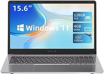 SGIN Laptop 15.6 Inch 4GB DDR4 128GB SSD, Windows 11 Laptop with Intel Celeron, up to 2.8GHz, Mini HDMI, 2.4/5.0G WiFi, 2 x USB 3.0, Expandable Storage 512GB TF(Sliver)