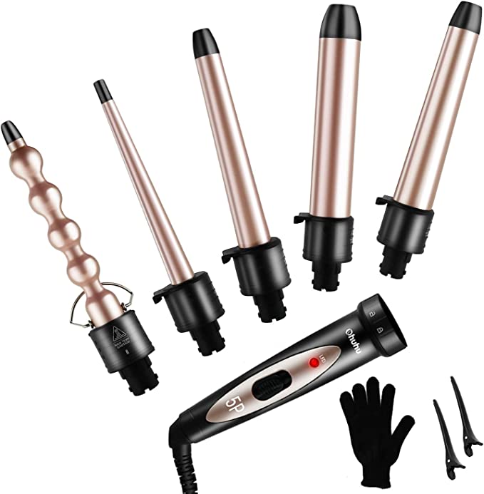 5 in 1 Curling Iron Wand Set, Ohuhu Upgrade Curling Wand With 5Pcs 0.35 to 1.25 Inch Interchangeable Ceramic Barrels and Heat Protective Glove, Dual Voltage Hair Curler for All Hair Types, Rose Gold