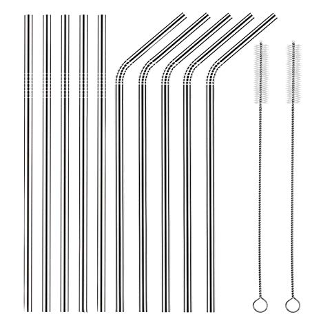 Set of 10 Stainless Steel Straws, HuaQi Straight and Bent Reusable Drinking Metal Straws for 30 oz Tumbler and 20 oz Tumbler, 2 Cleaning Brush Included (5 Straight   5 Bent   2 Brushes)