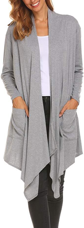Womens Open Front Asymmetrical Drape Long Maxi Cardigan Lightweight Long Sleeve Waterfall Duster Coat with Pockets