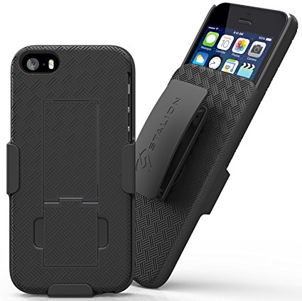 iPhone 5 5S SE Belt Clip Case: Stalion Secure Holster Shell & Kickstand Combo (Jet Black) 180° Degree Rotating Locking Swivel   Shockproof Protection