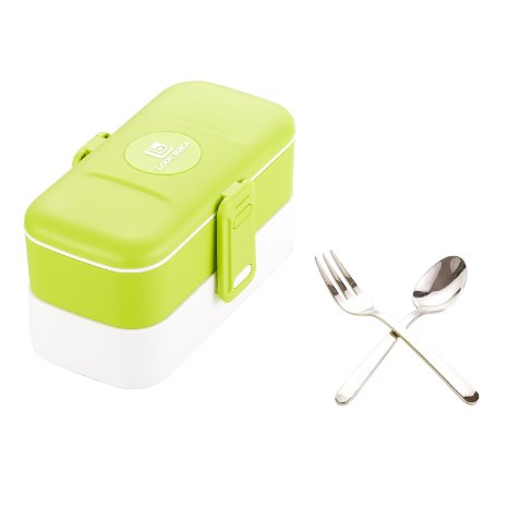 Lunch Bento Box With A Fork & A Spoon By ProAid - FDA Approved, BPA Free, Food Grade Silicone & Durable Stainless Steel - Practical 2 Layer Design - Can Be Put In The Microwave, Fridge & Freezer