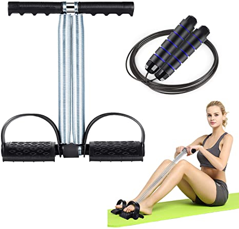 SKL Pedal Resistance Band Tension Rope Fitness, Dual Spring Elastic Pull Rope with Jump Rope for Abdomen, Waist, Arm, Leg, Yoga Stretching Slimming Training, Sit-up Fitness Equipment for Home Workouts