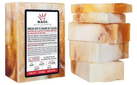 The Ultimate Mens Soap, Shampoo & Shaving Cream - Made Men's Grooming - All-In-One Break Away Bar for Hair, Body & Shave 16 oz. With Essential Oils & Citrus, Mint & Sandalwood Scent