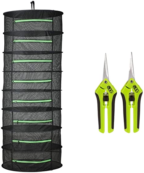 Active Gear Guy 8-Layer Enclosed Hanging Mesh Dry Rack for Herbs, Buds, and Fruit with Two Trim Scissors. One Straight Blade and One Curved Blade. for Gardens, Hydroponics, Orchards, and Grow Tents.