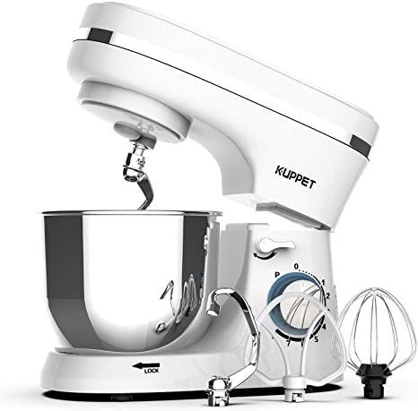 Kuppet Stand Mixers, 380W, 8-Speed Tilt-Head Electiric Food Stand Mixer with Dough Hook, Wire Whip & Beater, Pouring Shield, 4.7QT Stainless Steel Bowl. (White)