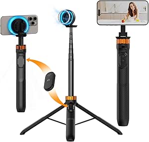 K&F Concept 63'' Magnetic Selfie Stick Tripod,Phone Tripod Compatiable for Magsafe with Detachable Wireless Remote,Extendable Phone Stand for Live Streaming for iPhone 15 14 13 12 Series Android Phone