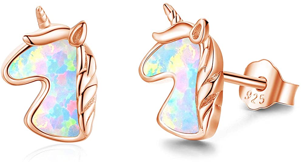 Unicorn Stud Earrings S925 Sterling Silver Hypoallergenic Created Opal Earrings Cute Unicorn Gifts for Women Daughter Birthday Present