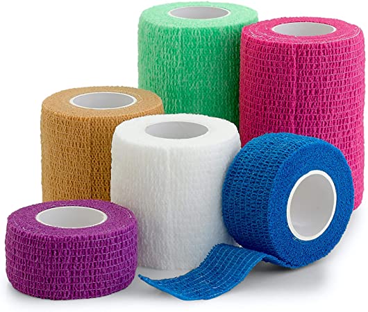 6 Pack, Self Adherent Cohesive Tape - 1" 2" 3" x 5 Yards Combo Pack, Self Adhesive Bandage Rolls & Sports Athletic Wrap for Ankle, Wrist, Sprains and Swelling, Vet Wraps in Neon Colors