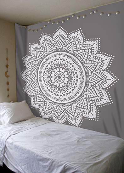Labhanshi Gray Mandala Tapestry , Indian Hippie Wall Hanging , Bohemian Queen Wall Hanging, Bedspread Beach Tapestry 82x92 inch