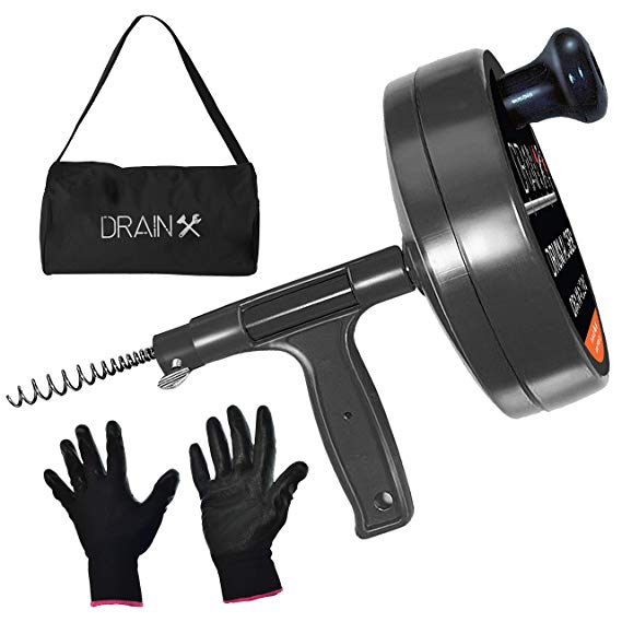 Drainx Pro Steel Drum Auger Plumbing Snake | Heavy Duty 25-Ft Drain Snake Cable with Work Gloves and Storage Bag