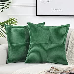 Fancy Homi 2 Packs Green Decorative Throw Pillow Covers 20x20 Inch for Living Room Couch Bed Sofa, Holiday Christmas Home Decor Gift, Soft Corss Corduroy Patchwork Accent Square Cushion Case 50x50 cm