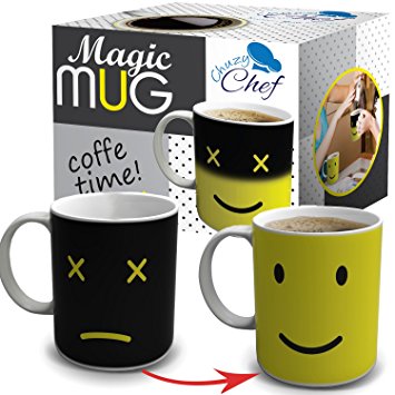 Magic Morning Coffee Mug, Yellow 12 Oz Heat Sensitive Color and Face Changing Ceramic Tea Cup, By Chuzy Chef®