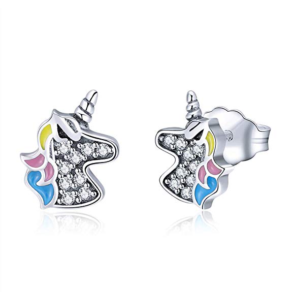 Sterling Silver Unicorn Stud Earrings for Women Girls, CZ Jewelry, Hypoallergenic Earrings, Unicorn Birthday Party Gifts