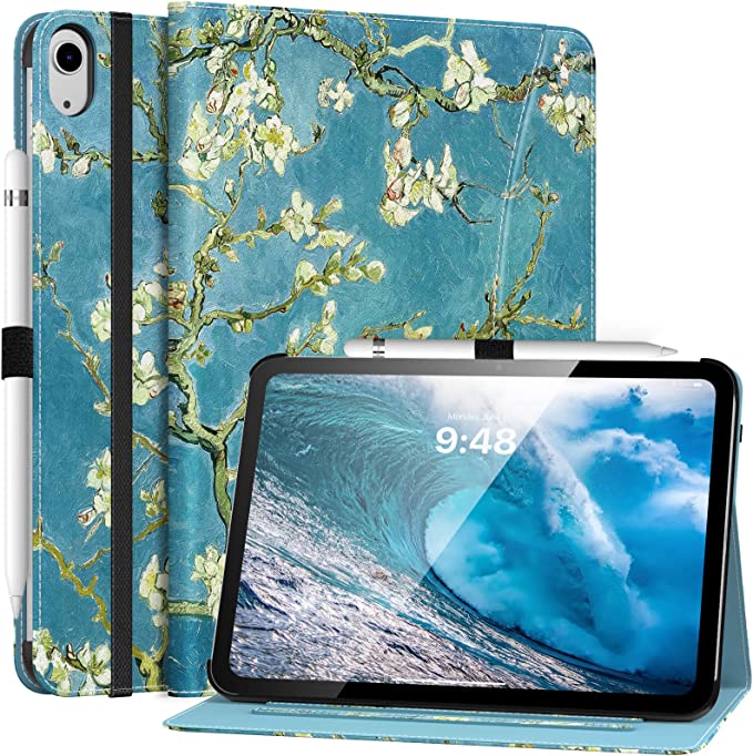 MoKo iPad 10th Generation 10.9" 2022 with Pencil Holder, Hand Strap, Pocket, Multi-Angle Viewing Business Folio Stand Cover, Almond Blossom