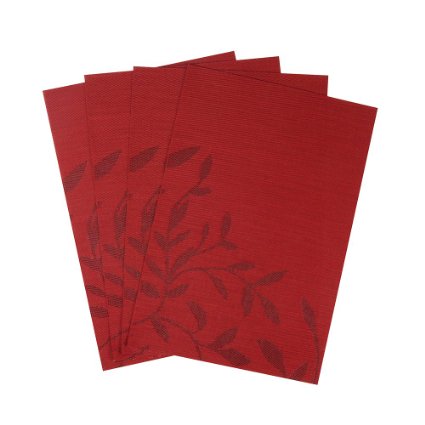 Top Finel Eco-friendly Colorful Rectangle Jacquard Leaf Woven PVC Place Mats for Dining Table 12" By 18" (Set of 4,Red)