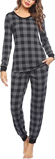 Ekouaer Women's Pajama Set Plaid Pjs Long Sleeve Sleepwear Soft Contrast Tops and Pants Lounge Sets
