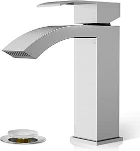 Phiestina Single Hnadle Brushed Nickel Waterfall Bathroom Sink Faucet, Single Hole Modern Bathroom Faucet, with Metal Pop-up Drain with Overflow and Water Supply Line, BF01049-N1-BN