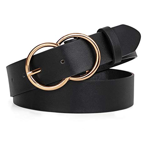 JASGOOD Double O Ring Belt for Women,Faux Leather Waist Belts for Jeans Dress-Fashion Women's Leather Belt