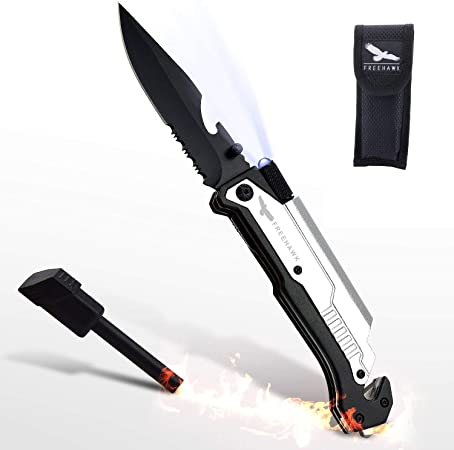 Freehawk Multifunctional Survival Tactical Knife Portable Outdoor Folding Knife with Led Light, Flintstone for Outdoor Adventure, Camping, Household