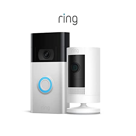 Ring Video Doorbell, Satin Nickel (2nd Gen) bundle with Ring Stick Up Cam Battery, White