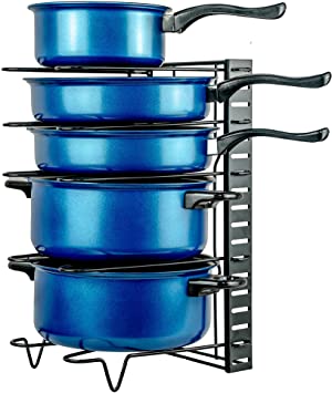 KLEVERISE 5 Tiers Pot Pan Storage Rack Organizers – Heavy Duty Iron Adjustable DIY Pot Pan Rack - Pot Pan Lid Holders - Space Saving Rack in Kitchen Counter and Cabinet