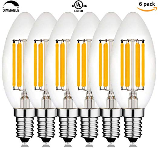 C35 Candelabra Edison LED Light Bulb 6W Equivalent 60W Incandescent E12 Base Clear Dimmable 2700K Warm White - UL Listed (C35 6 Pack)