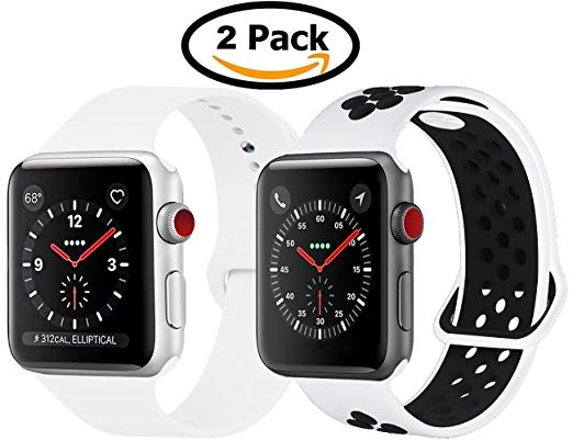 QIENGO For Apple Watch Band 38MM 42MM, 2 Pack Soft Silicone Sports Replacement Strap for iWatch Series 3, Series 2, Series 1, Edition, Nike , Hermes
