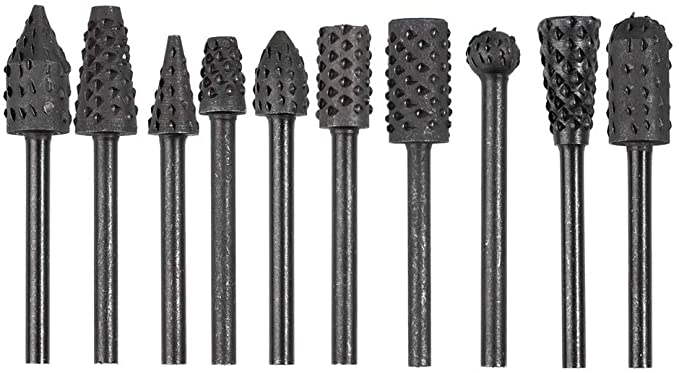 Bestgle 10pcs 3mm 1/8” Shank Rotary Burr Rasp Set Carbon Steel Wood Carving File Rasp Drill Bits for Woodworking Drilling Carving Engraving