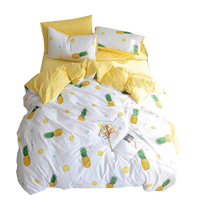 Soft 100% Cotton Bedding Sets 3 Piece Luxury Fruit Pineapple Print Kids Duvet Cover Set with Pillowcases Zipper Ties, Best Teen Girls Bedding Gifts Set Children Bed Set, No Comforter(Yellow, Twin)