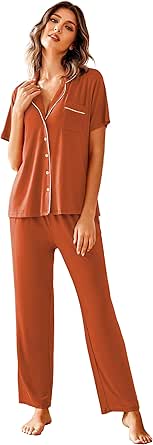 Avidlove Women Pajamas Set Notch Collar Soft Sleepwear Pjs Short Sleeve Button Down Nightwear with Long Pants