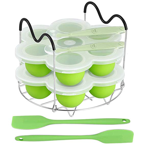 ROTTAY Silicone Egg Bites Molds and Steamer Rack Trivet with Heat Resistant Handles Fit Instant Pot Accessories, 7pcs/set for 6qt & 8qt Electric Pressure Cooker - With 2 Spoons and Silicone spatula