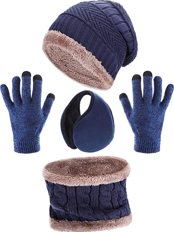 Tatuo 4 Pieces Ski Warm Set includes Winter Hat Scarf Warmer Gloves Winter Outdoor Earmuffs for Adults Kids (Set 3)