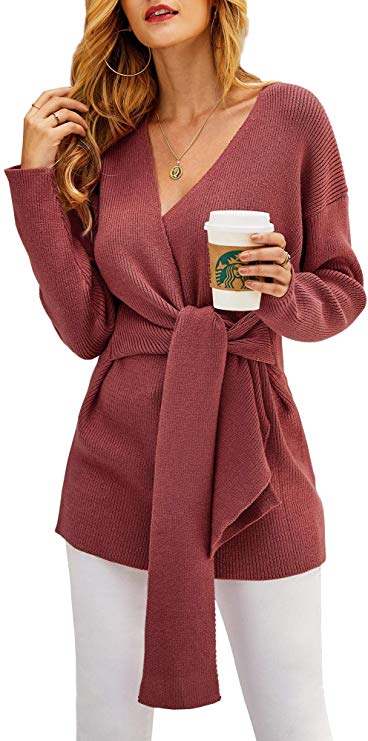 Ferbia Women Oversized Sexy Sweater Dresses Wrap V Neck Knit Sweaters Fall Batwing Long Sleeve Jumper