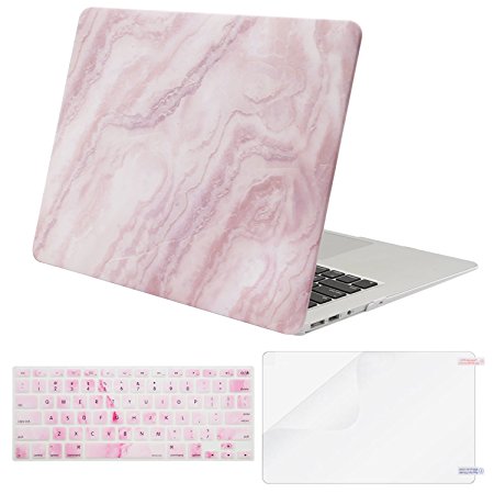 Mosiso Plastic Pattern Hard Case with Keyboard Cover with Screen Protector for MacBook Air 13 Inch (Model: A1369 and A1466), White Pink Marble